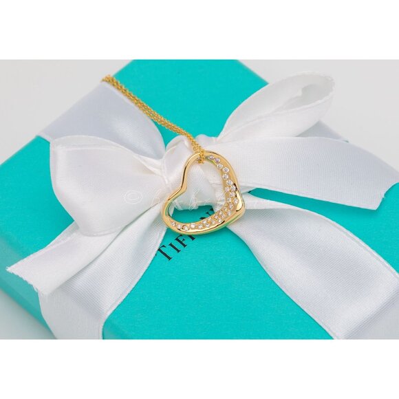 Tiffany & Co. Elsa Peretti 18K Gold Diamond Open Heart Necklace 29 Diamonds 16" - Picture 5 of 9
